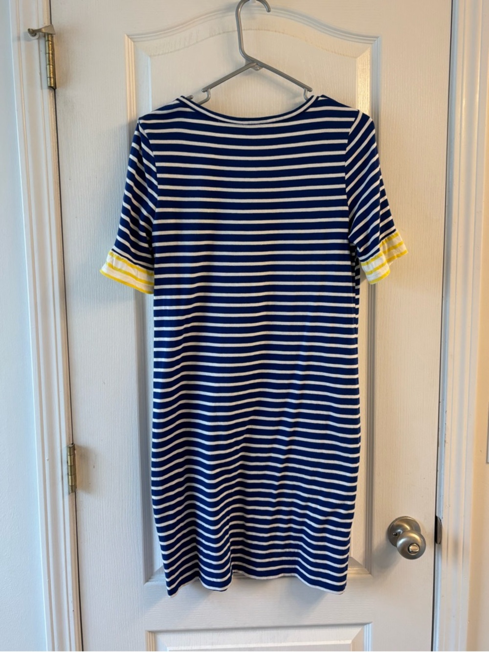 Boden Blue Striped V-Neck Dress with Yellow Striped Ruffle Sleeves sz 8 - Picture 2 of 5